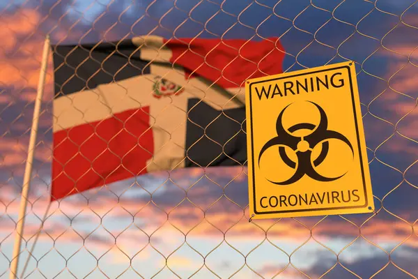 도미니카 국기 배경에 있는 울타리에 코로나 바이러스 경고 표지판 이 있어. 도미니카 공화국에서 출입이나 검역 이 제한되었다. 개념적 3D 렌더링 — 스톡 사진