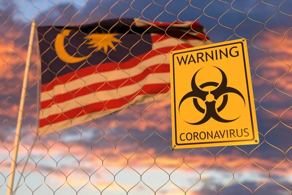 Coronavirus biohazard sign with flag of Malaysia as a background at sunset. Malaysian restricted border crossing or quarantine. Conceptual 3D rendering — Stock Photo, Image