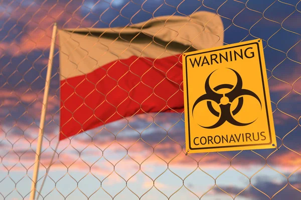Señal de advertencia de Coronavirus en la valla en el fondo de la bandera polaca. Entrada restringida o cuarentena en Polonia. Renderizado 3D conceptual —  Fotos de Stock