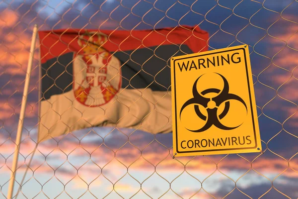 코로나 바이러스의 생물학적 위험 신호가 세르비아 국기에 대항하고 있습니다. 세르비아 국경 횡단이나 격리를 제한 했습니다. 개념적 3D 렌더링 — 스톡 사진
