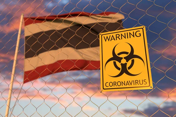 Coronavirus signe de danger biologique contre le drapeau thaïlandais. Passage limité de la frontière ou quarantaine en Thaïlande. rendu 3D conceptuel — Photo