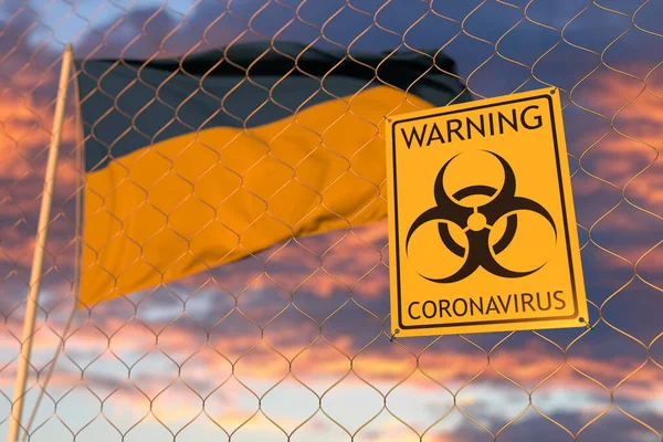 Coronavirus Biohazard Schild mit der Flagge der Ukraine als Hintergrund. Die Ukraine hat den Grenzübertritt oder die Quarantäne eingeschränkt. Konzeptionelles 3D-Rendering — Stockfoto