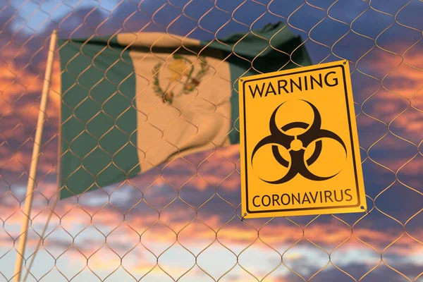 Coronavirus sinal de perigo biológico com bandeira da Guatemala como pano de fundo. Entrada restrita guatemalteca ou quarentena. Renderização 3D conceitual — Fotografia de Stock