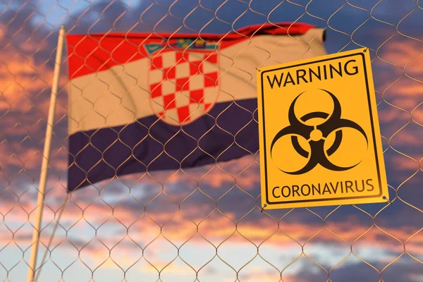 코로나 바이러스의 생물학적 위험 신호는 크로아티아 국기와 일치한다. 크로아티아에서 출입이나 격리 가제한되었다. 개념적 3D 렌더링 — 스톡 사진