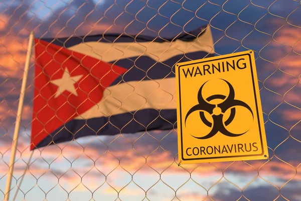 Coronavirus signe de danger biologique contre le drapeau cubain. Entrée ou quarantaine restreinte à Cuba. rendu 3D conceptuel — Photo