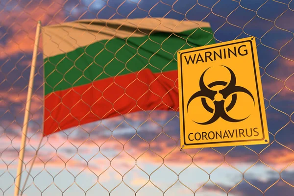 Coronavirus segnale di avvertimento sulla recinzione sullo sfondo bandiera bulgara. Ingresso limitato o quarantena in Bulgaria. Rendering 3D concettuale — Foto Stock