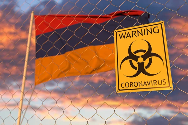 Coronavirus segno di pericolo biologico con bandiera dell'Armenia come sfondo. Ingresso riservato agli armeni o quarantena. Rendering 3D concettuale — Foto Stock
