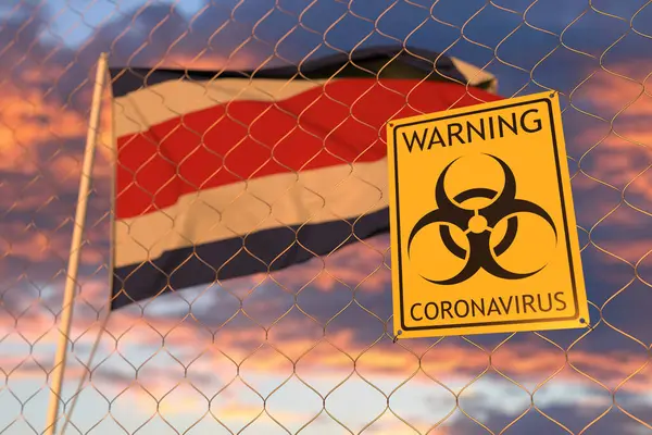 Coronavirus Biohazard Schild mit der Flagge von Costa Rica als Hintergrund. Costa Rica schränkt die Einreise oder Quarantäne ein. Konzeptionelles 3D-Rendering — Stockfoto