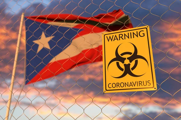 Coronavirus biovírus jel a Puerto Ricó-i zászló ellen. Korlátozott belépés vagy karantén Puerto Ricóban. Fogalmi 3D-s kiolvasztás — Stock Fotó