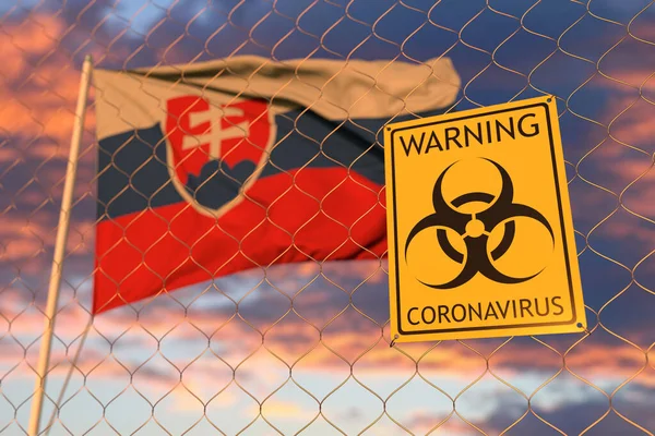 Tecken på biologisk fara för Coronavirus mot slovakisk flagg. Begränsad gränspassage eller karantän i Slovakien. Begreppsmässig 3d-tolkning — Stockfoto