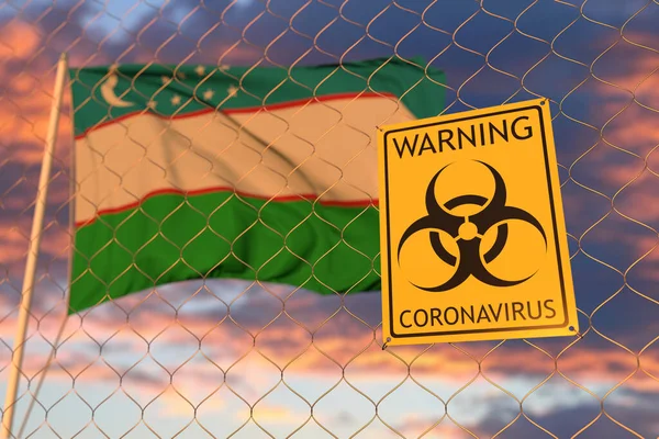 Προειδοποιητική πινακίδα του Coronavirus στο φράχτη στο φόντο της σημαίας του Ουζμπεκιστάν. Περιορισμένη είσοδος ή καραντίνα στο Ουζμπεκιστάν. Εννοιολογική 3d απόδοση — Φωτογραφία Αρχείου