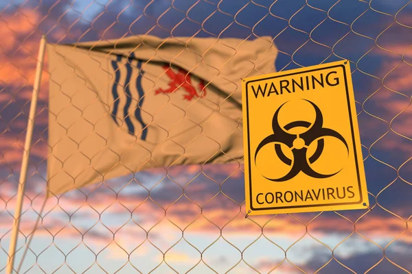 Коронавирусный предупреждающий знак на заборе против размахивания флагом с гербом Нувель-Аквитании, региона Франции. Карантинная 3D рендеринг — стоковое фото