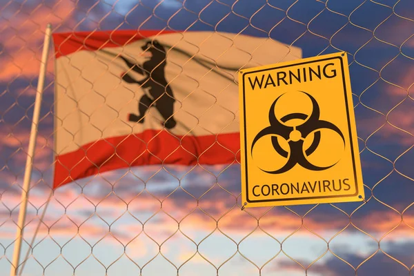 Koronavírus figyelmeztető jel a kerítésen a német állam, Berlin zászlója ellen. Karanténnal kapcsolatos 3d tetemeltakarítás — Stock Fotó