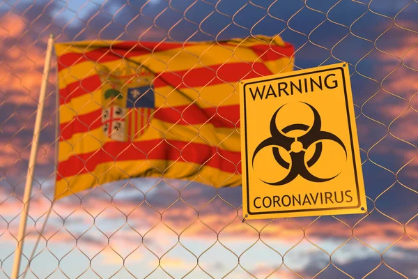 스페인의 자치 지역인 아라곤의 깃발을 흔들지 말라는 코로나 바이러스 경고 표지판 이 울타리에 걸려 있다. 격리 관련 3D 렌더링 — 스톡 사진