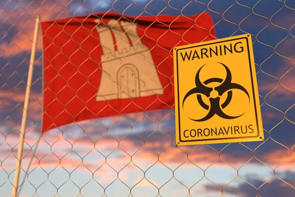 Предупреждающий знак коронавируса на заборе против размахивания флагом Гамбурга, государства Германия. Карантинная 3D рендеринг — стоковое фото