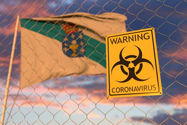 Coronavirus warning sign on the fence against waving flag of Galicia, an autonomous community in Spain. Quarantine related 3D rendering — Stock Photo, Image