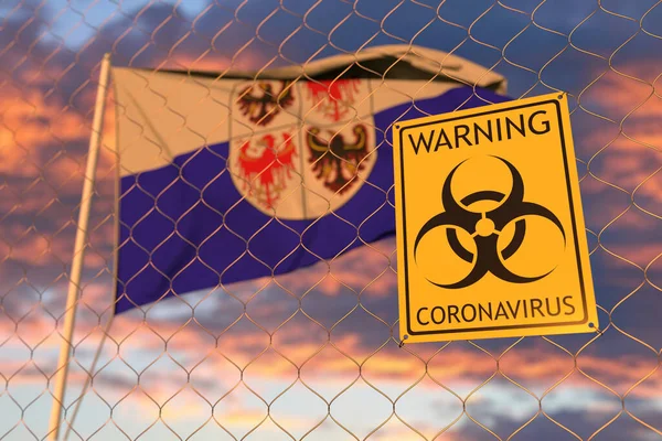 Panneau d'avertissement Coronavirus sur la clôture contre le drapeau agitant du Trentin-Haut-Adige, une région d'Italie. rendu 3D lié à la quarantaine — Photo