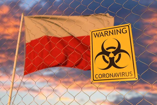 Señal de advertencia de Coronavirus en la valla contra ondear la bandera de Turingia, un estado de Alemania. Renderizado 3D relacionado con cuarentena —  Fotos de Stock