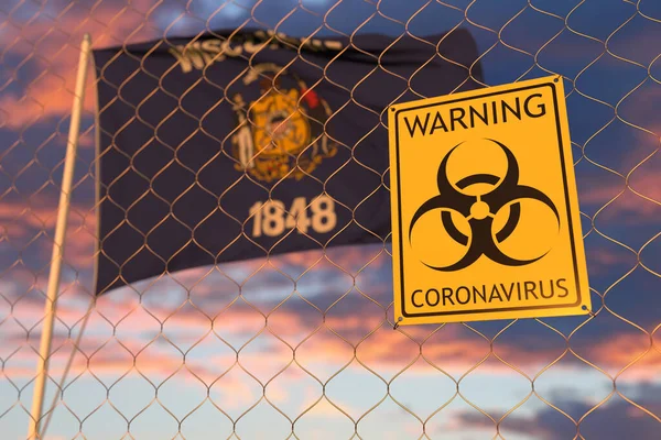 Coronavirus signe d'avertissement sur la clôture contre le drapeau de Wiskonsin. rendu 3D lié à la quarantaine — Photo