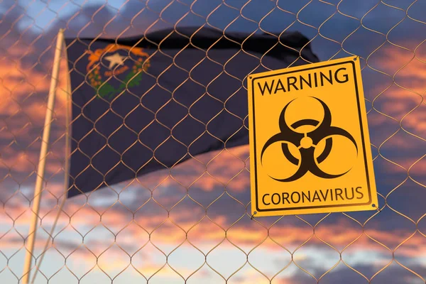 Varovný nápis koronaviru na plotě proti vlajce Nevady. 3D vykreslování související s karanténou — Stock fotografie