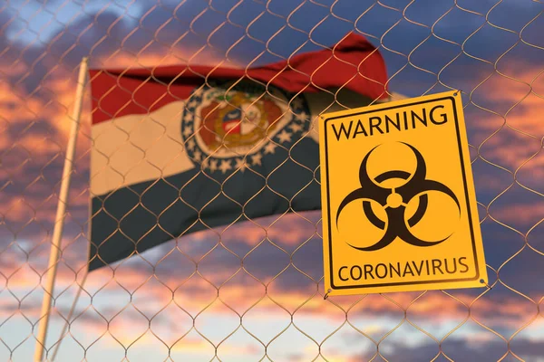 Coronavirus signe d'avertissement sur la clôture contre le drapeau du Missouri. rendu 3D lié à la quarantaine — Photo