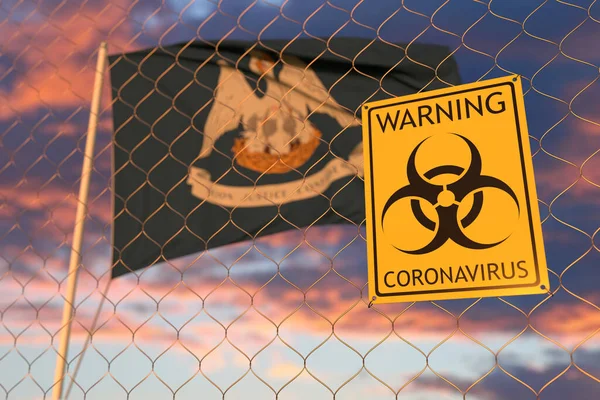 O coronavírus de risco biológico assina contra a bandeira voadora da Louisiana. Quarentena relacionada com a renderização 3D — Fotografia de Stock