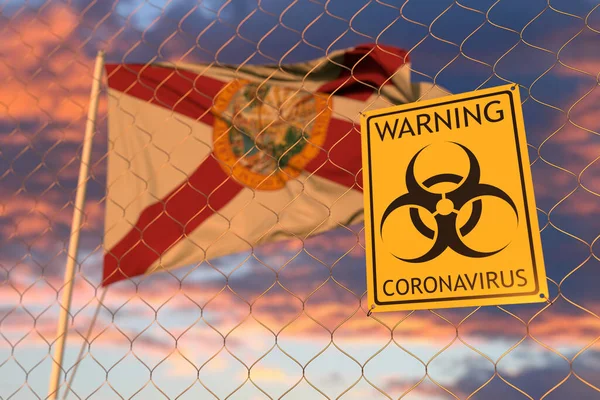Coronavirus-Warnschild am Zaun vor der Flagge Floridas. Quarantäne bezogene 3D-Darstellung — Stockfoto
