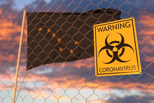 Предупреждающий знак Коронавируса на заборе против флага Аляски. Карантинная 3D рендеринг — стоковое фото