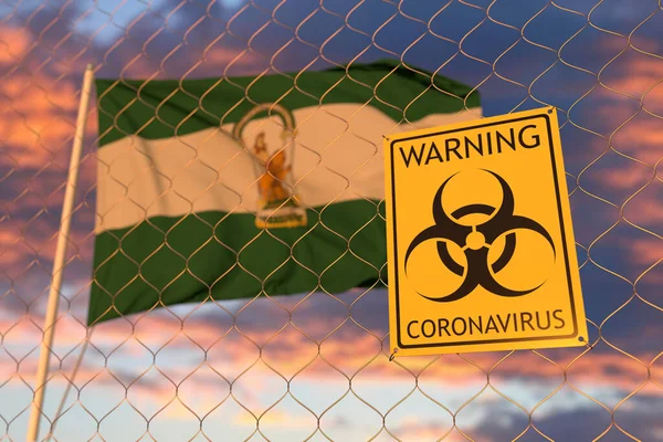 Varovný znak koronaviru na plotě proti vlnící se vlajce Andalusie, autonomní komunity ve Španělsku. 3D vykreslování související s karanténou — Stock fotografie