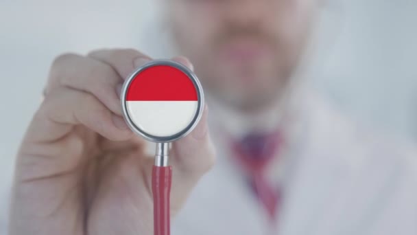 Arzt setzt Stethoskop mit indonesischer Flagge ein. Gesundheitswesen in Indonesien — Stockvideo