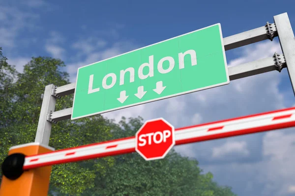 Barrier gate at London road sign, the United Kingdom. Coronavirus conceptuel ou autre maladie quarantaine rendu 3D lié — Photo