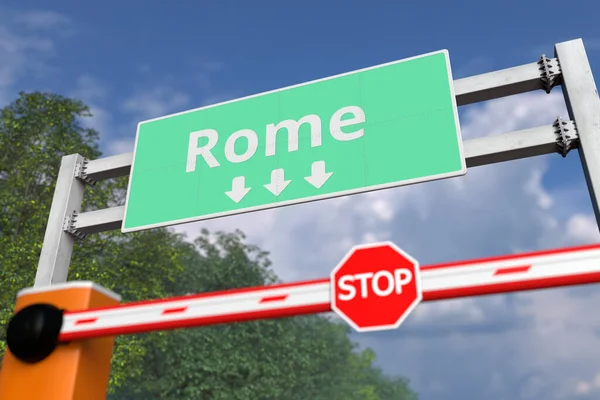 Straßensperre in der Nähe von Rom, Italien Straßenschild. Coronavirus oder eine andere Krankheit Quarantäne-bezogene 3D-Rendering — Stockfoto