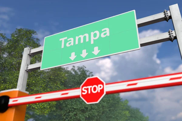 Cierre de camino cerca de Tampa, Estados Unidos señal de tráfico. Coronavirus o alguna otra enfermedad relacionada con la cuarentena 3D — Foto de Stock