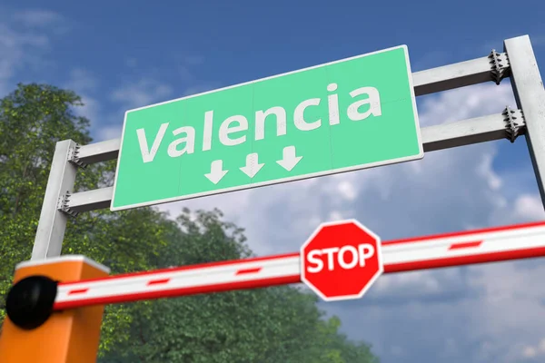Cierre de carretera cerca de Valencia, España señal de tráfico. Coronavirus o alguna otra enfermedad relacionada con la cuarentena 3D —  Fotos de Stock