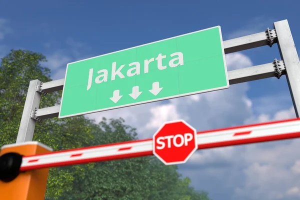 Chiusura stradale vicino Jakarta, cartello stradale Indonesia. Rendering 3D del coronavirus o di qualche altra malattia correlata alla quarantena — Foto Stock
