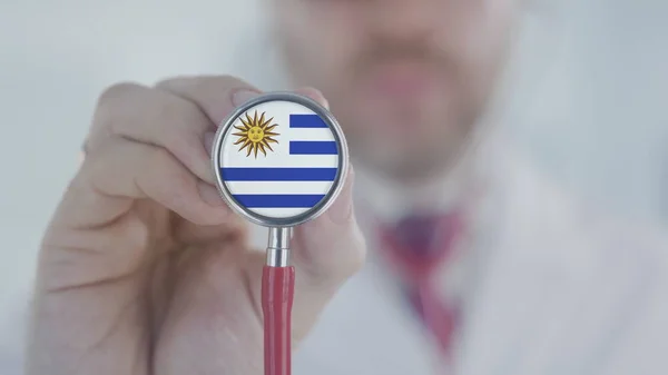 Доктор держит стетоскоп с уругвайским флагом. Здравоохранение в Уругвае — стоковое фото