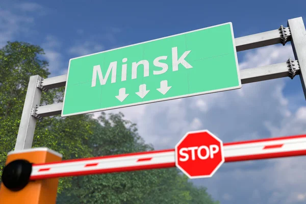 Geschlossene Schranke mit Stoppschild in Minsk, Weißrussland. Coronavirus oder eine andere Krankheit Quarantäne-bezogene 3D-Rendering — Stockfoto