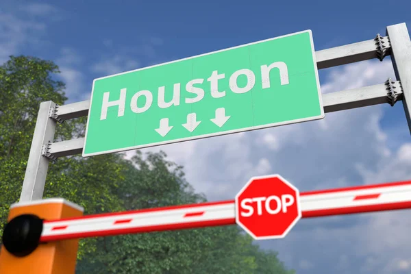 Bloqueo de carreteras cerca de Houston, Estados Unidos señal de tráfico. Coronavirus o alguna otra enfermedad relacionada con la cuarentena 3D — Foto de Stock