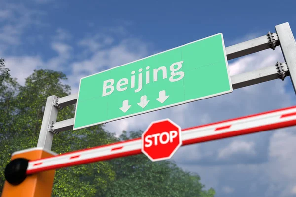 Boom gate in der Nähe von Peking, China Verkehrsschild. Coronavirus oder eine andere Krankheit Quarantäne-bezogene 3D-Rendering — Stockfoto