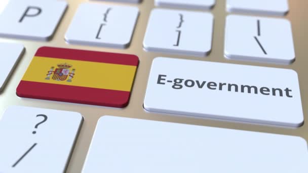 E-government ή Electronic Government κείμενο και σημαία της Ισπανίας στο πληκτρολόγιο. Σύγχρονες δημόσιες υπηρεσίες σχετικές εννοιολογικές 3d κινούμενα σχέδια — Αρχείο Βίντεο