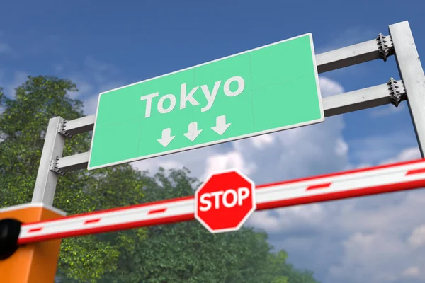 Bariera ze znakiem stopu w pobliżu miasta Tokio, Japonia znak drogowy. Koronawirus lub inne choroby związane z kwarantanną 3d renderowania — Zdjęcie stockowe