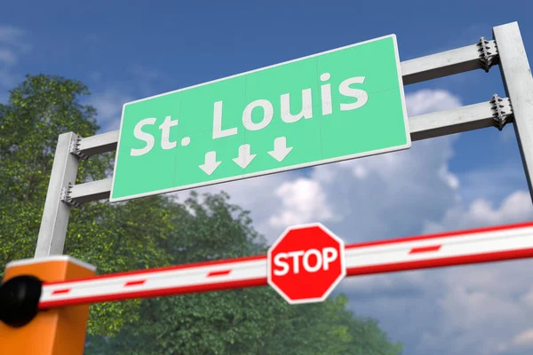 Puerta Boom cerca de la señal de tráfico de St. Louis, señal de tráfico de los Estados Unidos. Coronavirus o alguna otra enfermedad relacionada con la cuarentena 3D — Foto de Stock