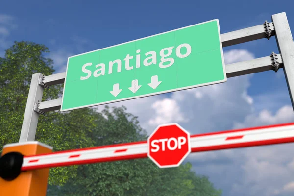 Bloc routier près de Santiago, Chili panneau routier. Coronavirus ou autre maladie quarantaine rendu 3D lié — Photo