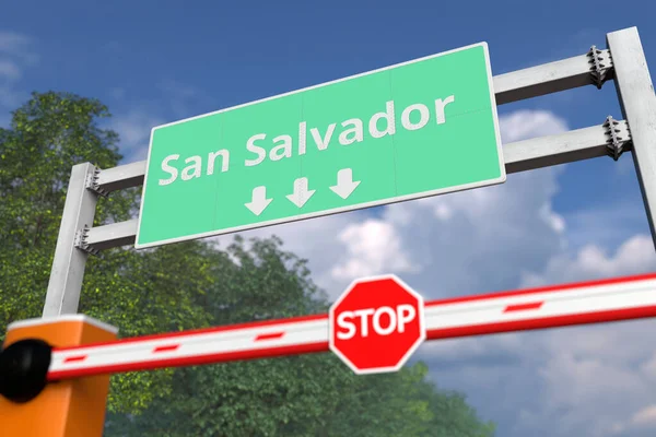 Barrier gate at San Salvador road sign, El Salvador. Coronavirus conceptuel ou autre maladie quarantaine rendu 3D lié — Photo