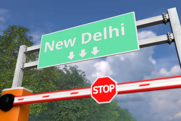 Barrier met Stop teken in de buurt van de stad New Delhi, India verkeersbord. Coronavirus of een andere ziekte quarantaine gerelateerde 3d rendering — Stockfoto