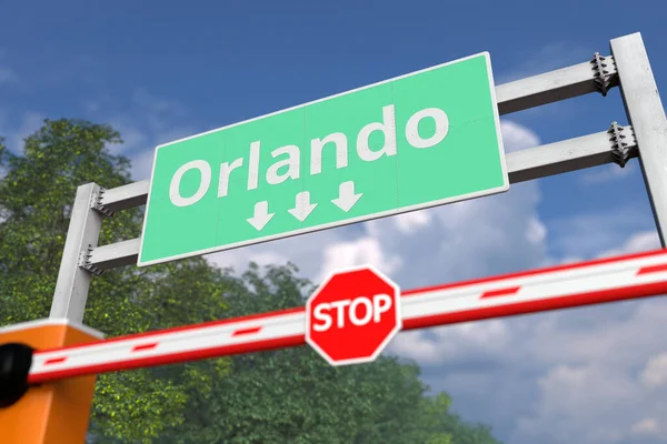 Barrera con señal STOP cerca de la ciudad de Orlando, Estados Unidos señal de tráfico. Coronavirus o alguna otra enfermedad relacionada con la cuarentena 3D — Foto de Stock