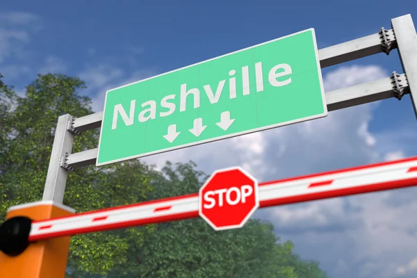 Barrera cerrada con señal STOP en Nashville, Estados Unidos. Coronavirus o alguna otra enfermedad relacionada con la cuarentena 3D — Foto de Stock