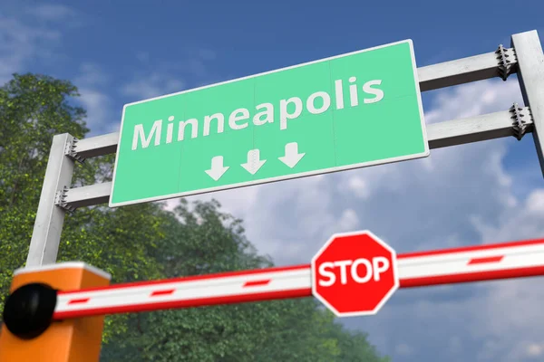 Puerta de barrera en la señal de tráfico de Minneapolis, Estados Unidos. coronavirus conceptual o alguna otra enfermedad relacionada con la cuarentena 3D — Foto de Stock