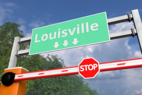 Puerta de la barrera en Louisville señal de tráfico, Estados Unidos. coronavirus conceptual o alguna otra enfermedad relacionada con la cuarentena 3D — Foto de Stock