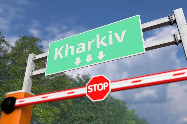 Boom gate near Kharkiv, Ukraine road sign. Coronavirus or some other disease quarantine related 3D rendering — Stock fotografie